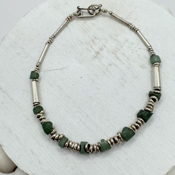 Vintage 950 Silver Nephrite Jade Stone Bead Bohemian Dainty Bracelet 5.7g 7” - Picture 9 of 12